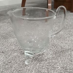 Vintage 1970's Hand Blown Etched Cut Crystal Etched Glass 3 Legged Pitcher